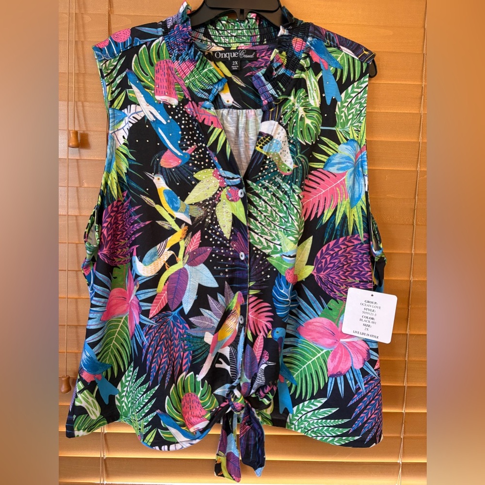 Onque Casuals NWT Multicolor Tropical Button Down Shirt/ Rhinestones. Size 2X - Picture 10 of 10